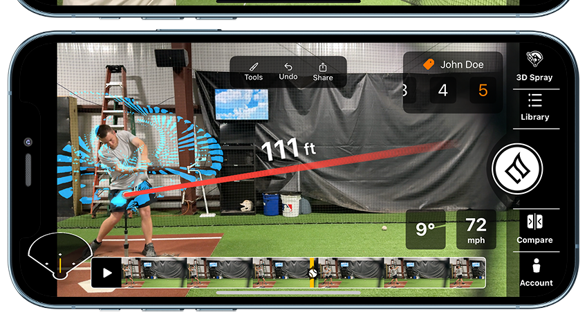 Ember Sports hitting analyzer showing swing video with exit velocity and launch angle overlay