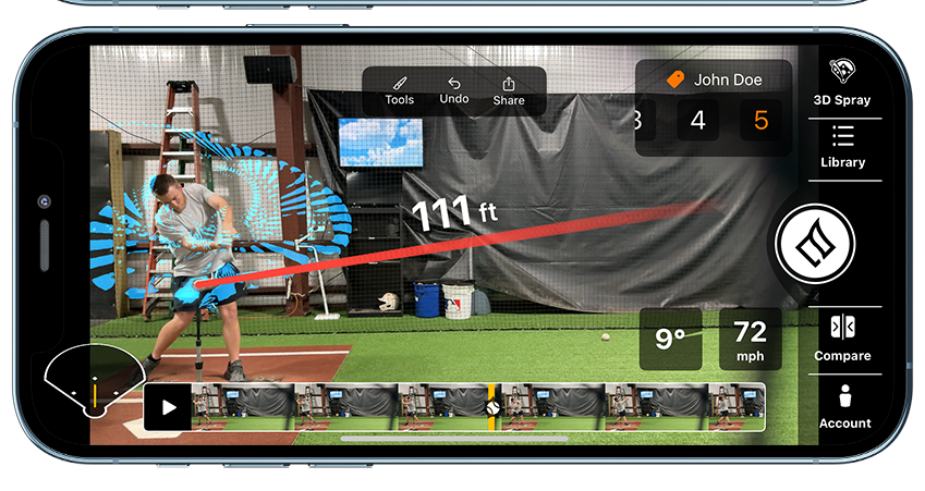 Ember Sports hitting analyzer showing swing video with exit velocity and launch angle overlay